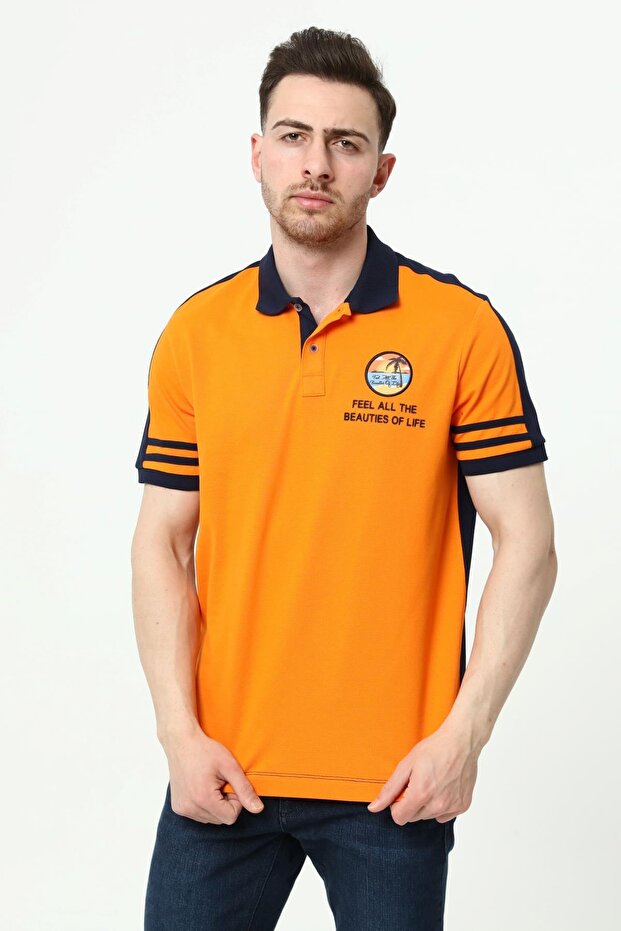 Ar-Ma Men's Polo Collar T-Shirt with Text Print Regular Fit Single Roll Neck Lycra Pique Y22374300901 Orange