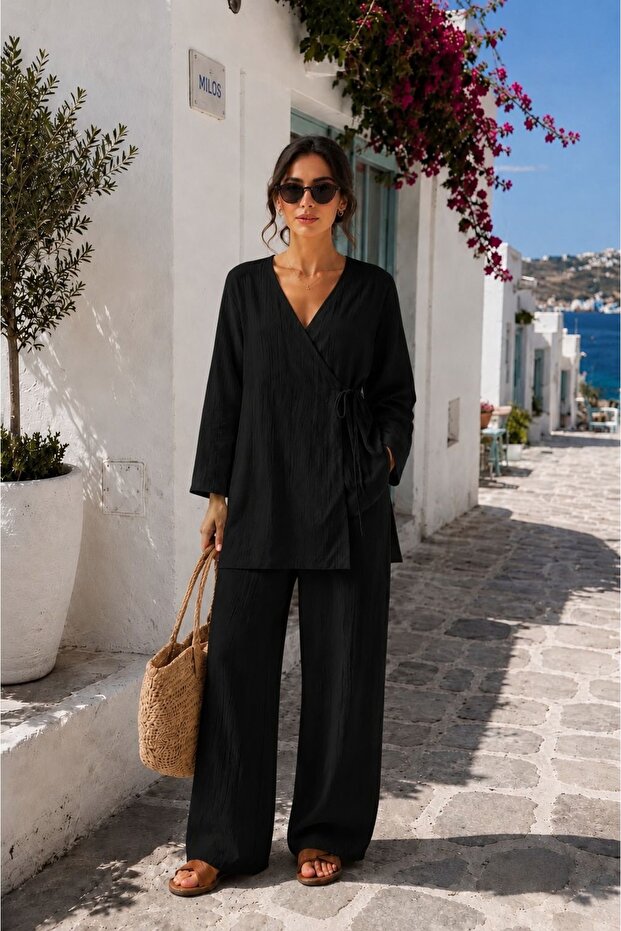 Women's Double Breasted Collar Tie Detail Two-Piece Set