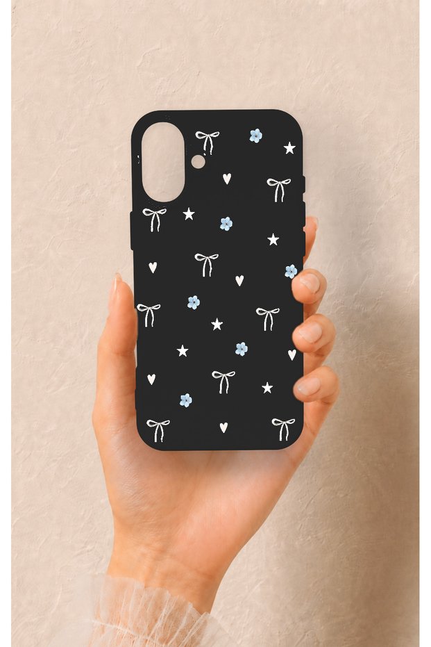 حافظة سيليكون متوافقة مع هاتف iPhone 16 Plus بتصميم فيونكة صغيرة باللون الأسود