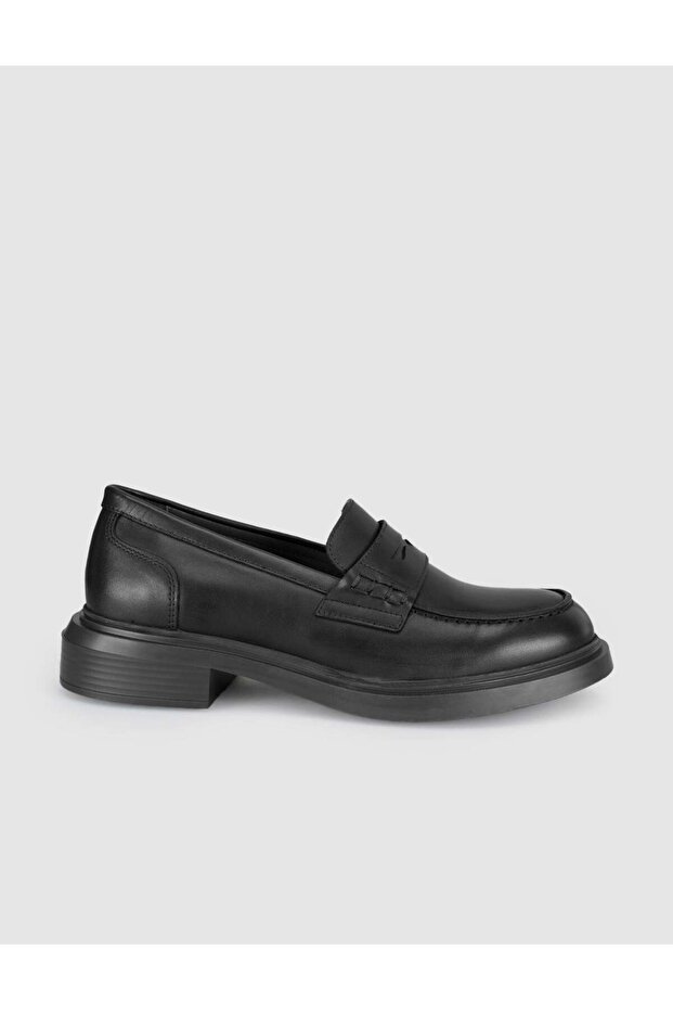 Black Genuine Leather Thick Sole Women's Loafer Shoes
