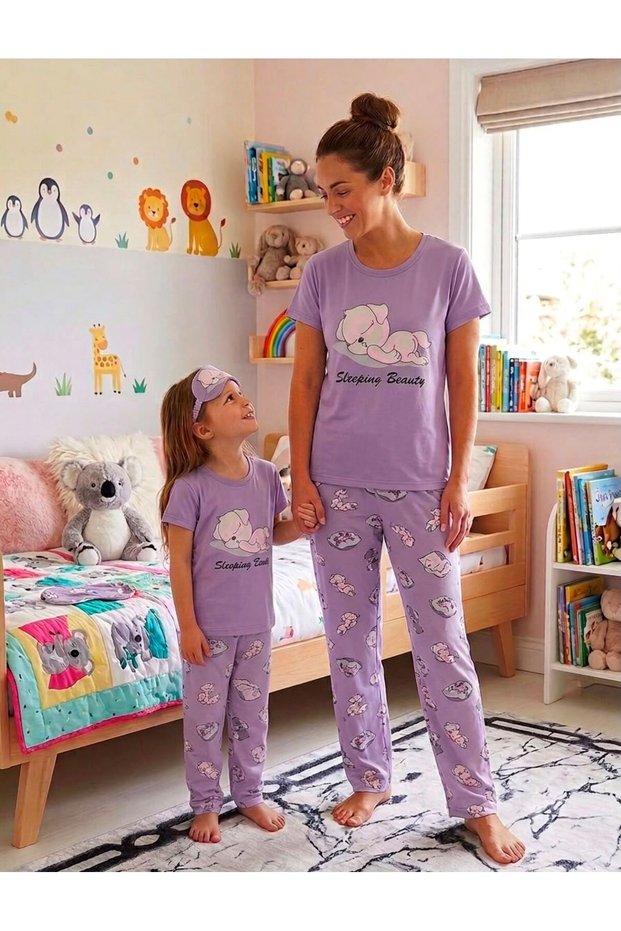 Cotton Purple Color Cat Patterned Short Sleeve Crew Neck Summer Pajama Set Suitable for Girls and Mother