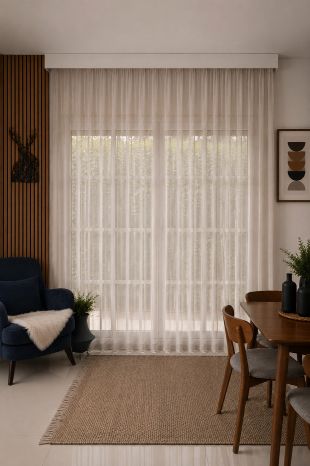 Natural Flared Effect Linen Special Iron-Free Thick Tulle Curtain Buk Sparse (1 X 2) Dark Beige