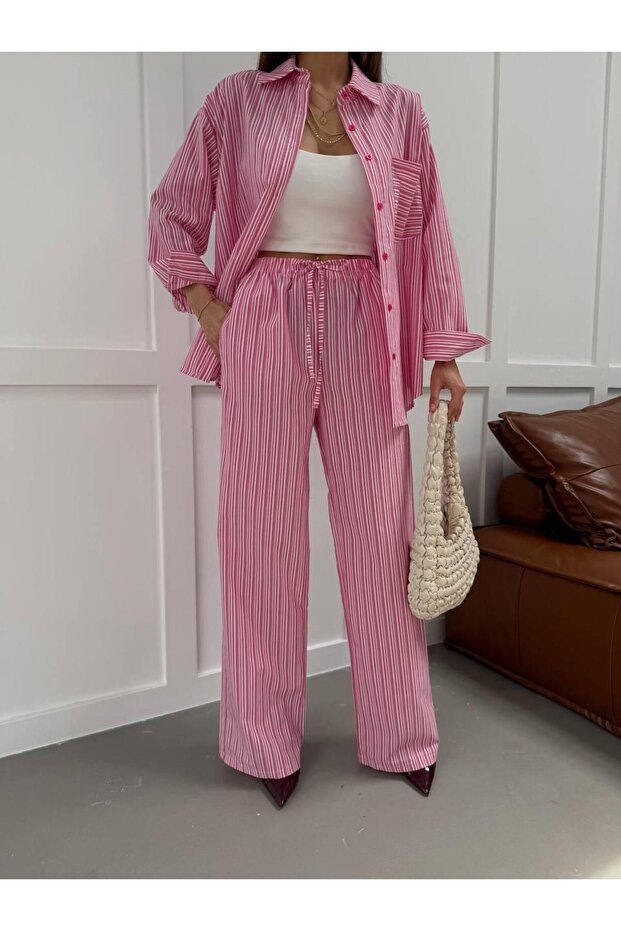 Pink Striped Double Shirt and Trousers Set