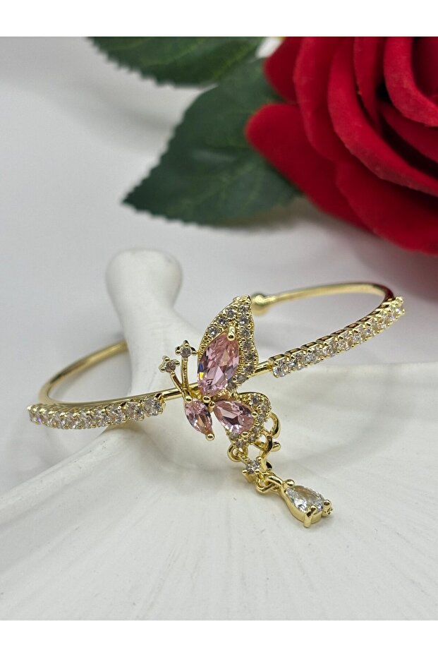 Zircon Stone Pink Butterfly Detailed Pendant Drop Model Vip Adjustable Clasp Bracelet