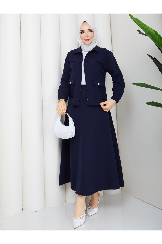 Women's Pocket Detailed Zippered Jacket and Skirt Islamic Clothing Two-Piece Set