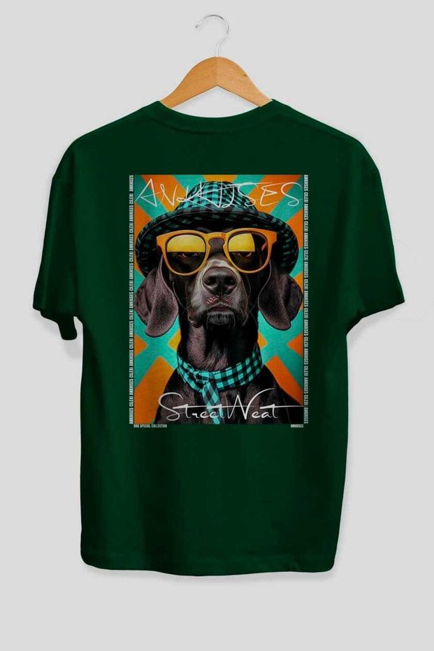 For Dog Lovers 33 Green Oversize T-Shirt with Back Dog Print 100% Cotton Unisex Dog Lover Premium Design