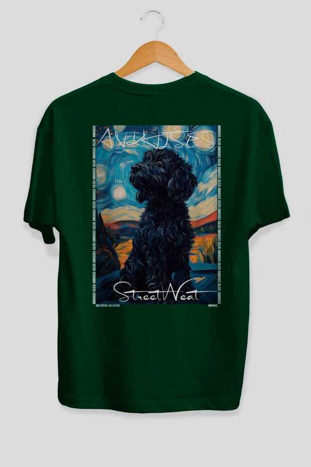For Dog Lovers 3 Green Oversize T-Shirt with Dog Print on the Back 100% Cotton Unisex Dog Lover Premium Design