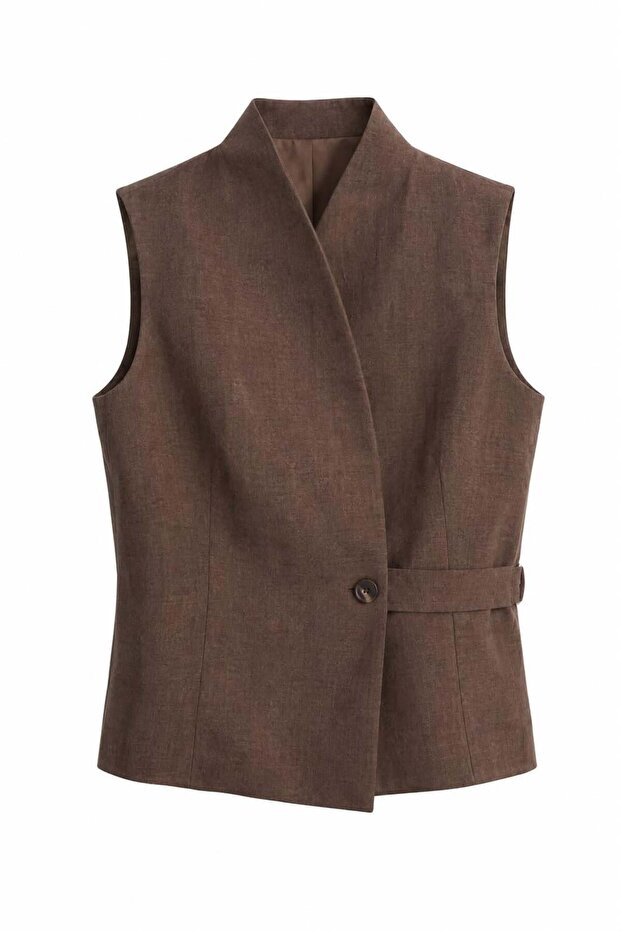 Zero Sleeve Brown Linen Vest with Side Buttons