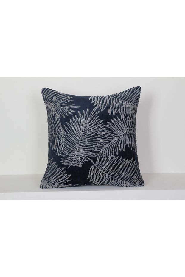 Navy Blue Leaf Pattern Decorative Throw Pillow Cover Modern Tropical Design