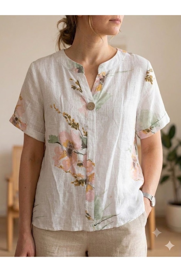 Women's Italian White Buttoned Detailed Patterned Short Sleeve 100% Cotton Blouse