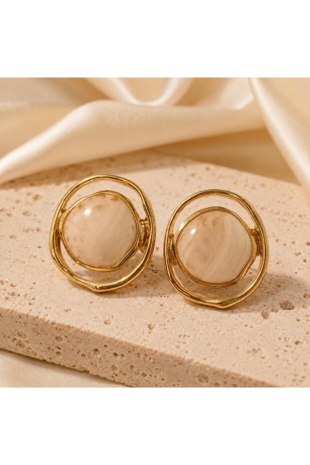 Gold Framed Cream Stone Women's Earrings with Marble Look