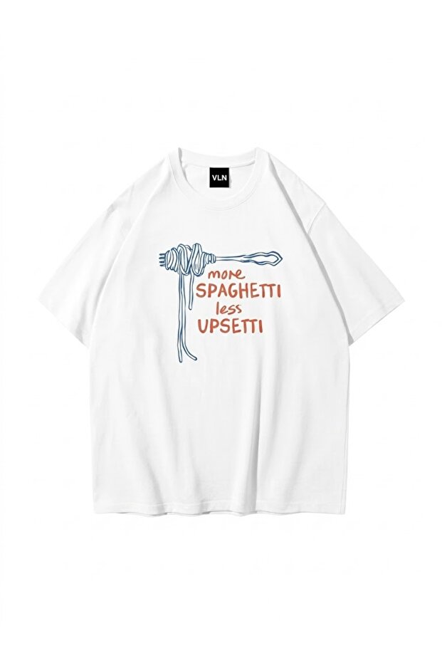 More Spaghetti Printed White Unisex Oversize T-Shirt