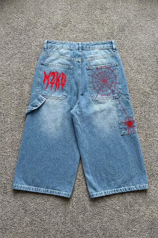 Red Mzkd Spider Y2K Baggy Unisex Shorts with Blue Grinding Detail