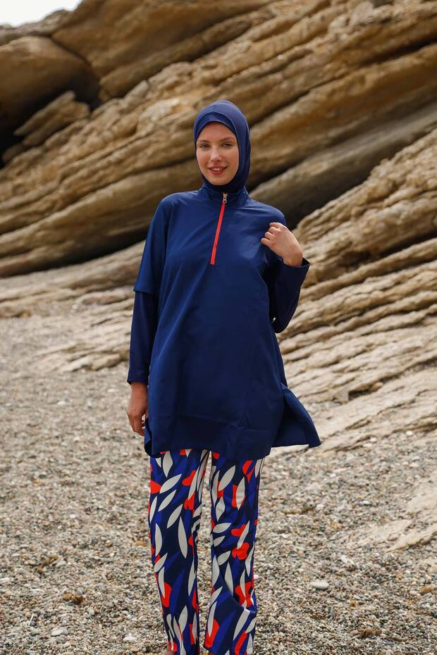 Full Covered Hijab Swimsuit Set Navy Blue Parachute Fabric 4 Pieces – M2262