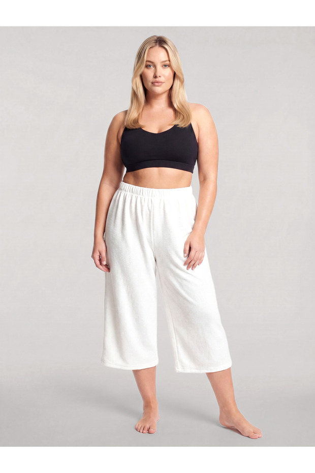Plus Size Ecru Wide Leg Capri Women's White Pajama Bottoms