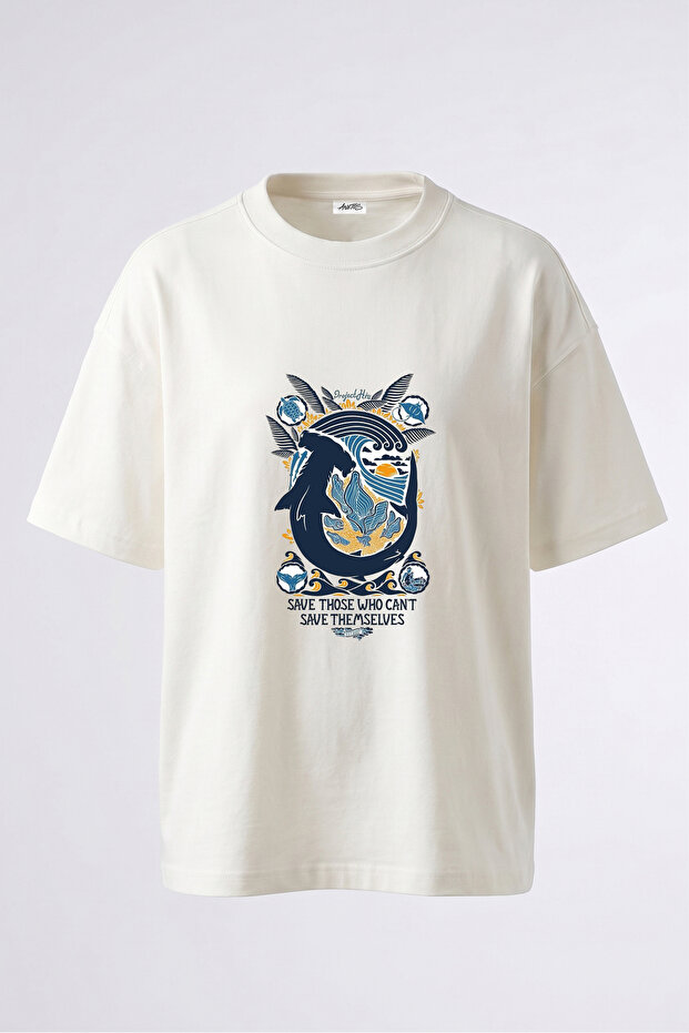 Hammerhead Shark Design Back Printed Cotton White Oversize T-Shirt