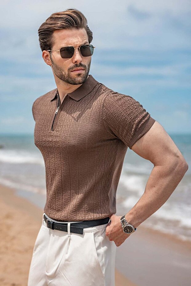 Light Brown Regular Fit Polo Collar Knitwear Men's T-Shirt E7503