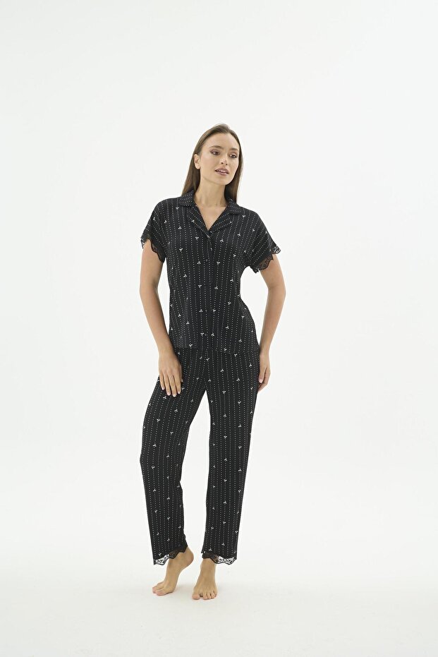 Women's Front Buttoned Shirt Collar Lace Detailed Black Pajama Set C8T6N471