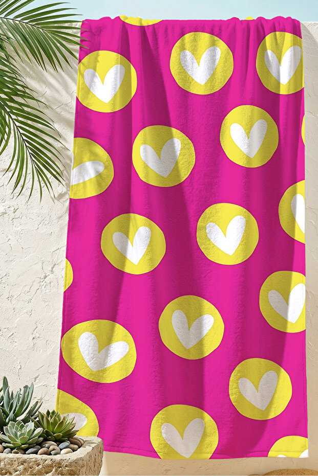 Heart Themed Fuchsia Yellow Beach Towel - Modern Pop Art Vibrant Colorful Quick Drying Microfiber Towel