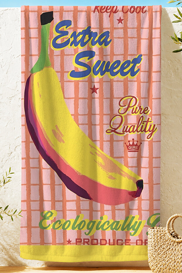 Fruit-Themed Banana Figure Beach Towel - Tropical Retro Pink Yellow Quick-Dry Microfiber Towel