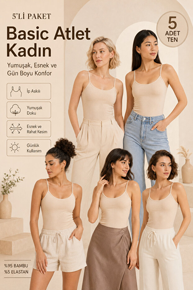 Women's 95% Natural Bamboo Flexible 5-Piece Basic Undershirt with Rope Straps - Soft Textured & Sweat-Absorbent Fabric