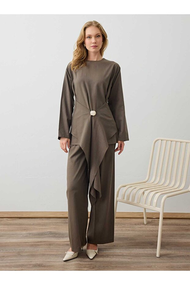 Gold Buckle Detailed Tunic & Trousers Linen Set - Earth -