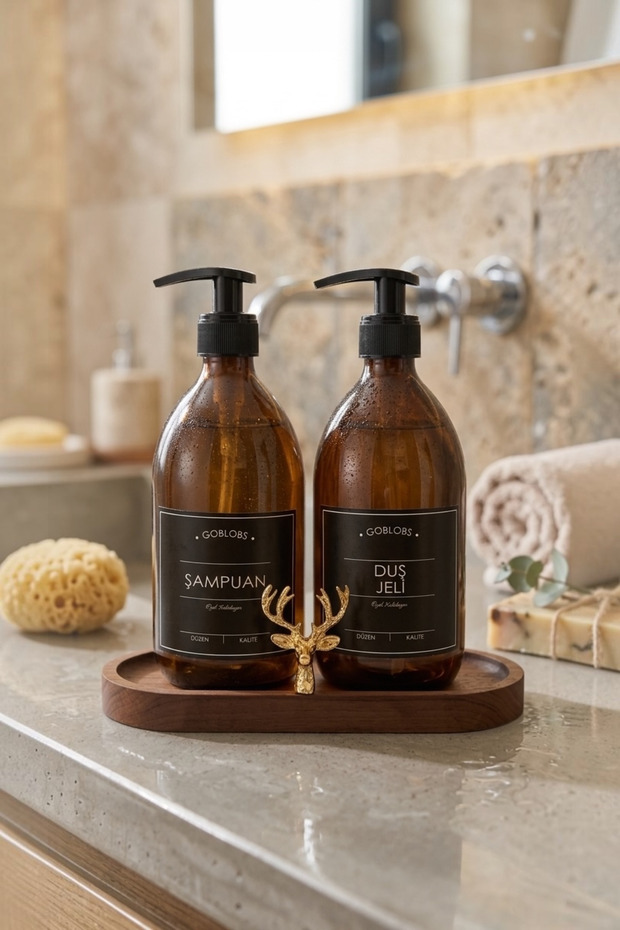 Amber Bottle Soap Dispenser Glass Double Shampoo-Shower Gel Bathroom Organizer with Classic Gold Deer Wood Stand 500ml