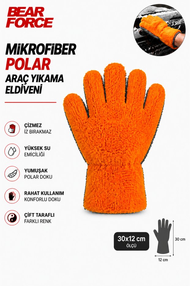 Bear Force Microfiber Polar Car Wash Glove – 5-Finger Double-Sided Auto Wash Glove, High Water Absorbent Polar Microfiber Cleaning Glove, Non-Scratch and Non-Marking Car Care Glove