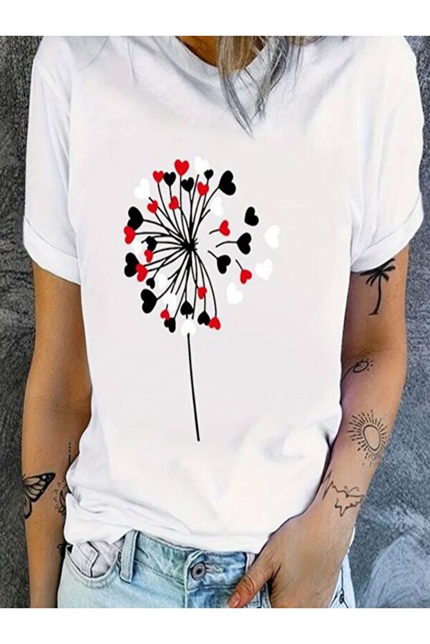 Heart Patterned Oversize White T-Shirt