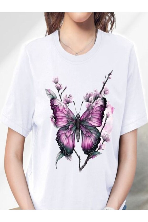 Purple Butterfly Printed White T-Shirt