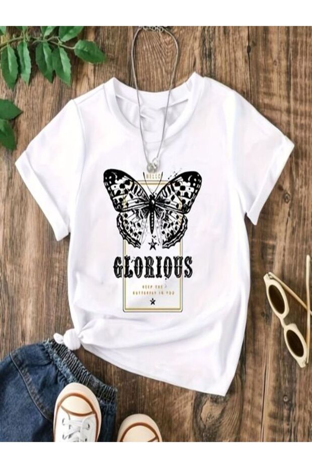 Butterfly Printed White T-Shirt