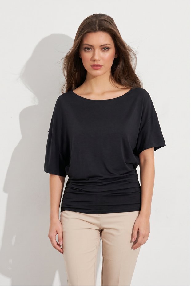 Women's Black Draped Detailed Bat Sleeve Blouse App1267