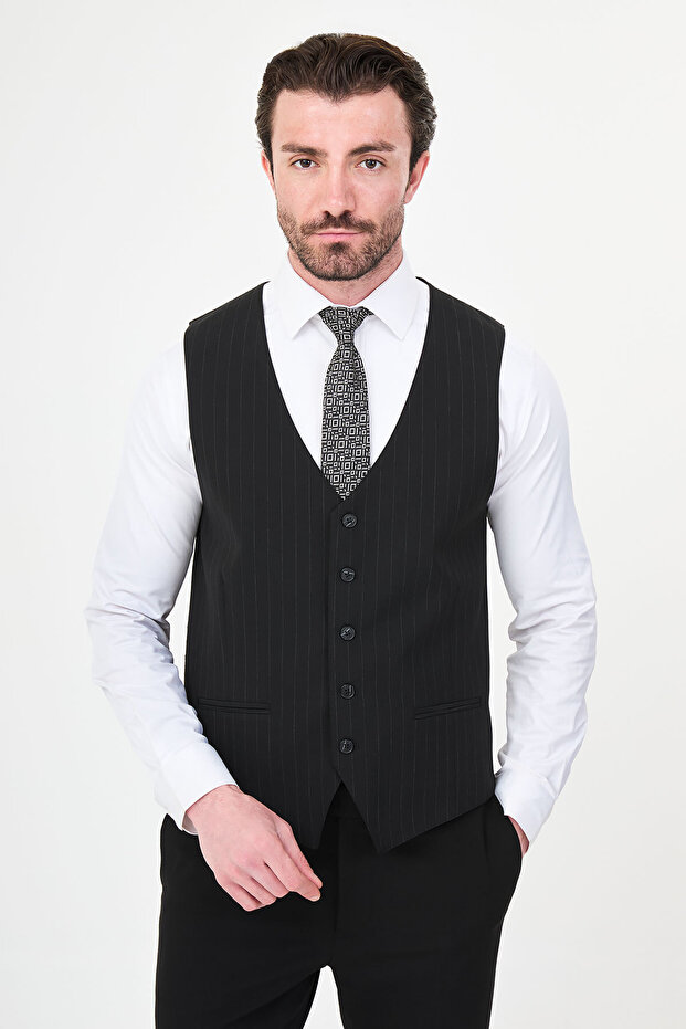 Striped Slim Fit Classic Men's Vest Black - 40954.26Y
