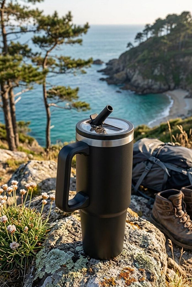 Black Aç-Kapa Straw - 900 ml Premium Thermos - Stainless Steel Thermos