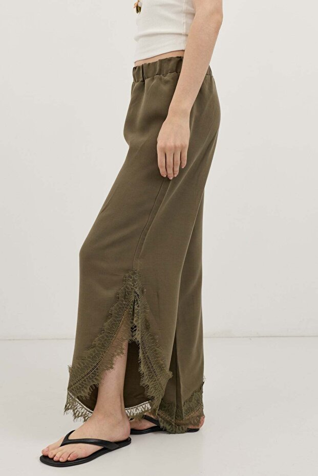 Khaki Lace Embroidered Women's Trousers