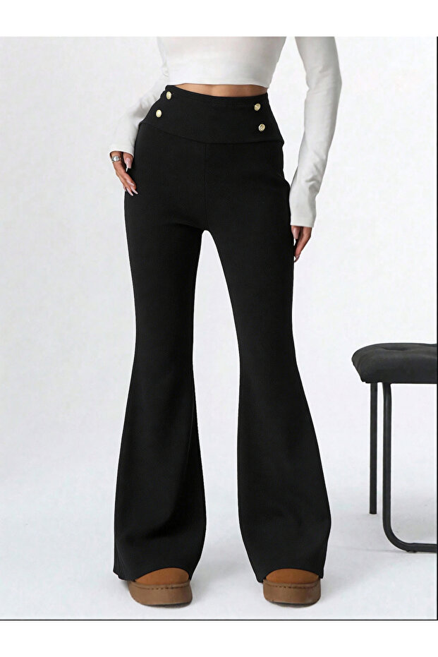Black High-Waisted Flare Trousers with Button Detail
