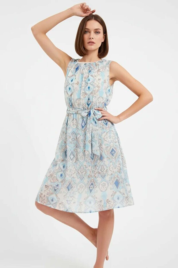 Women's Zero Sleeve Belted Patterned Chiffon Blue Dress