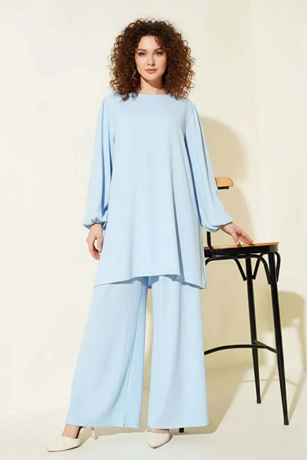 Women's Puff Sleeve Blue Two-Piece Tracksuit Set