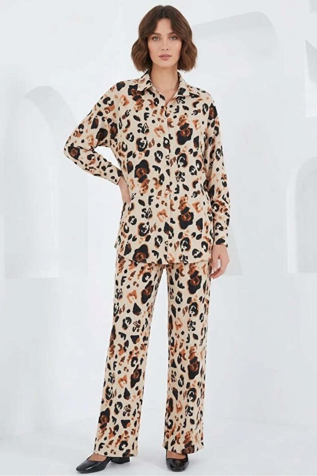 Women's Shirt Collar Oversize Leopard Patterned Cream Double Set