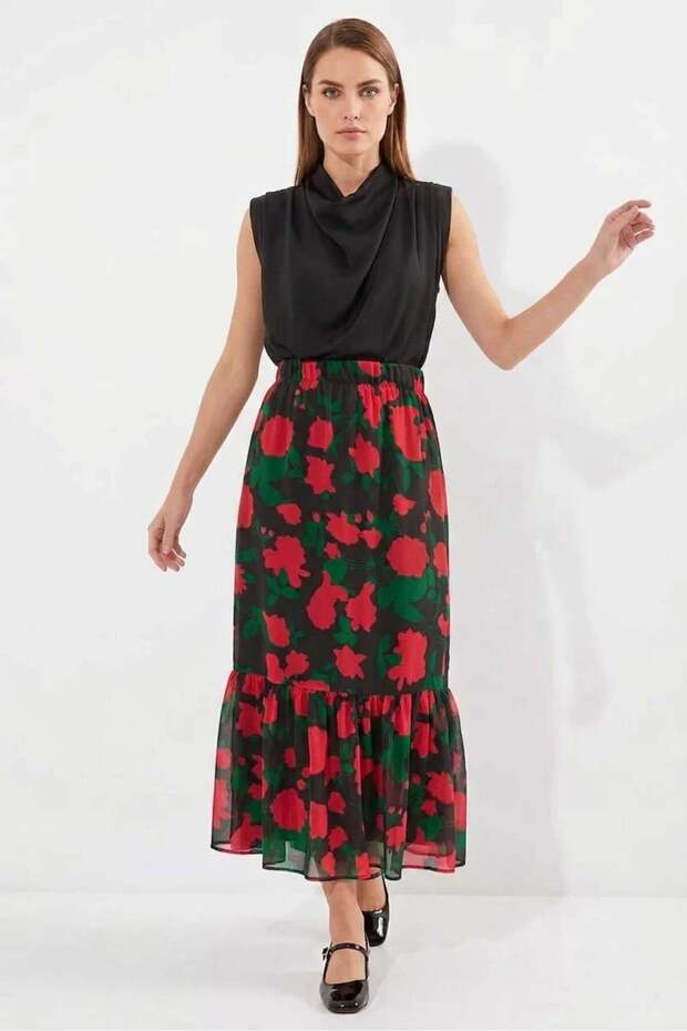 Women's Draped Collar, Flounce Hem, Floral Patterned Chiffon Black Skirt