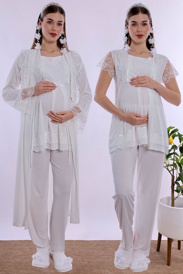 Cotton Pajama Set for Pregnant and Postpartum Women with Adjustable Waist Elastic Effortt - Ecru