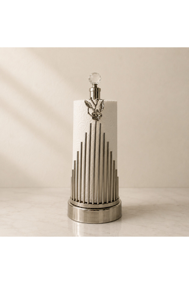 Decorative Metal Paper Roll Towel Holder | Silver Color Kitchen & Bathroom Countertop Organizer