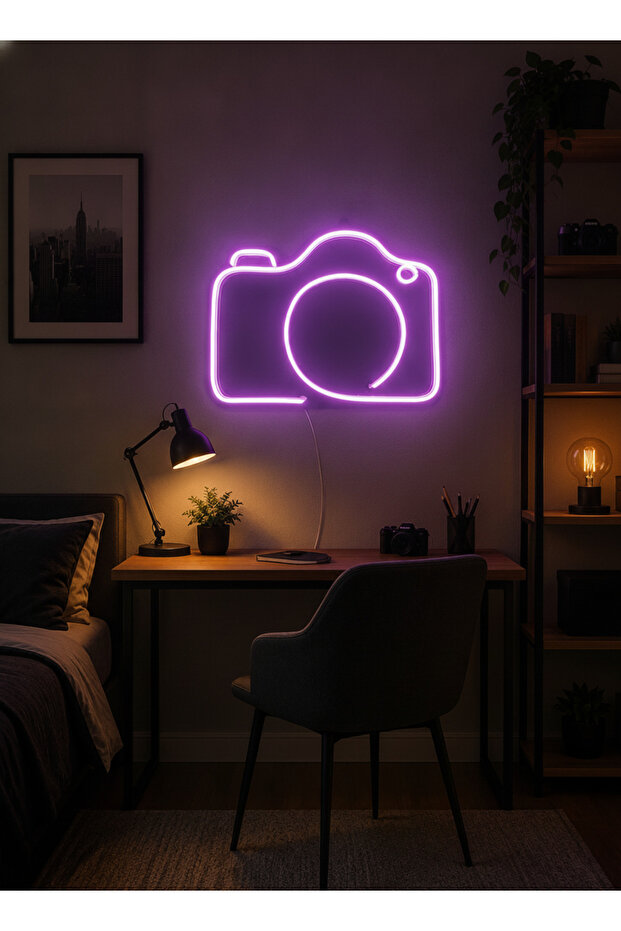 Kamera Figürlü LED Neon Tablo | Mor Aydınlatmalı Dekor | Fotoğrafçı Hediyesi - 1