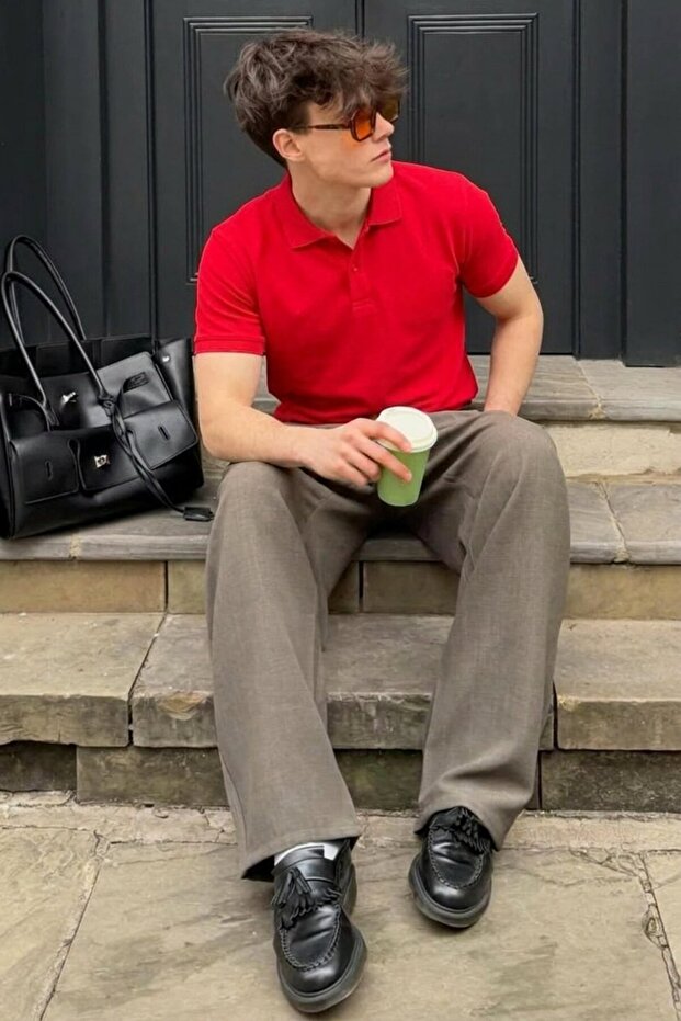 Men's Cotton Fashion Red Polo Collar T-Shirt