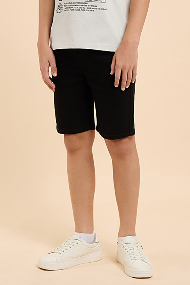Solid Denim Shorts with Drawstring Waist - 3