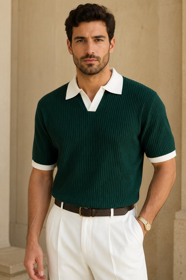 Men's Emerald Green Knitwear Polo Neck T-Shirt