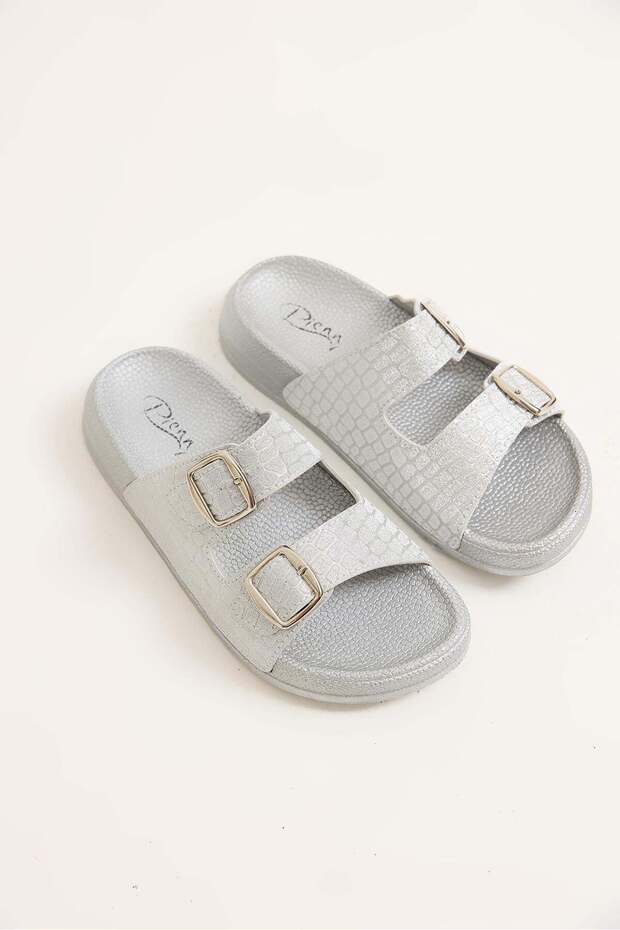 Double strap buckle comfortable sole slippers silver