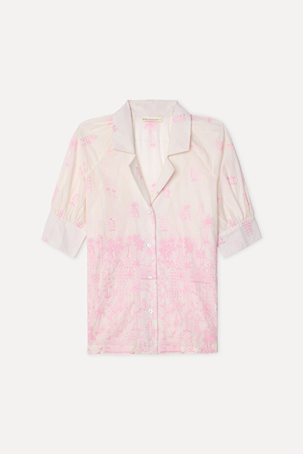 Women's Ecru Embroidered Resort Collar Short Sleeve Shirt
