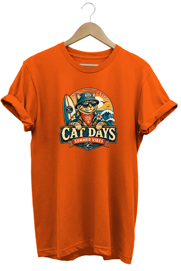 Cat Days Summer Vibes Unisex Cat Printed Summer Themed Regular Crew Neck Cotton T-Shirt