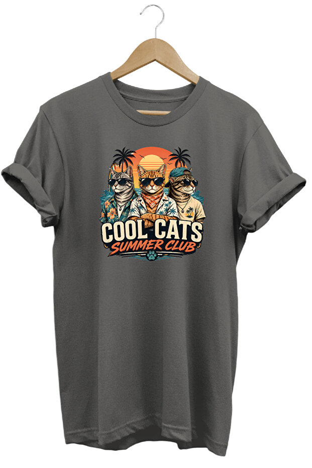 Cool Cats Summer Club Unisex Cat Printed Summer Themed Regular Fit Crew Neck T-Shirt
